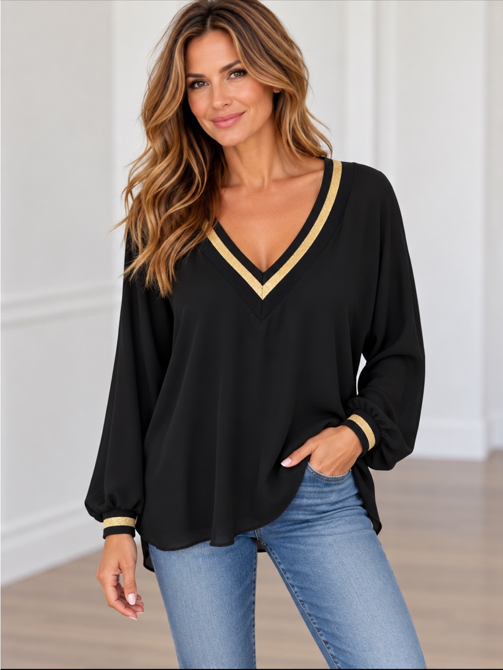 Frank Lyman Style 196261 Black Gold Chiffon Blouse